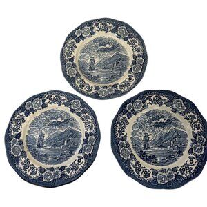 3 Lochs Of Scotland 10" Plates Royal Warwick England Blue & White Hand Engraved